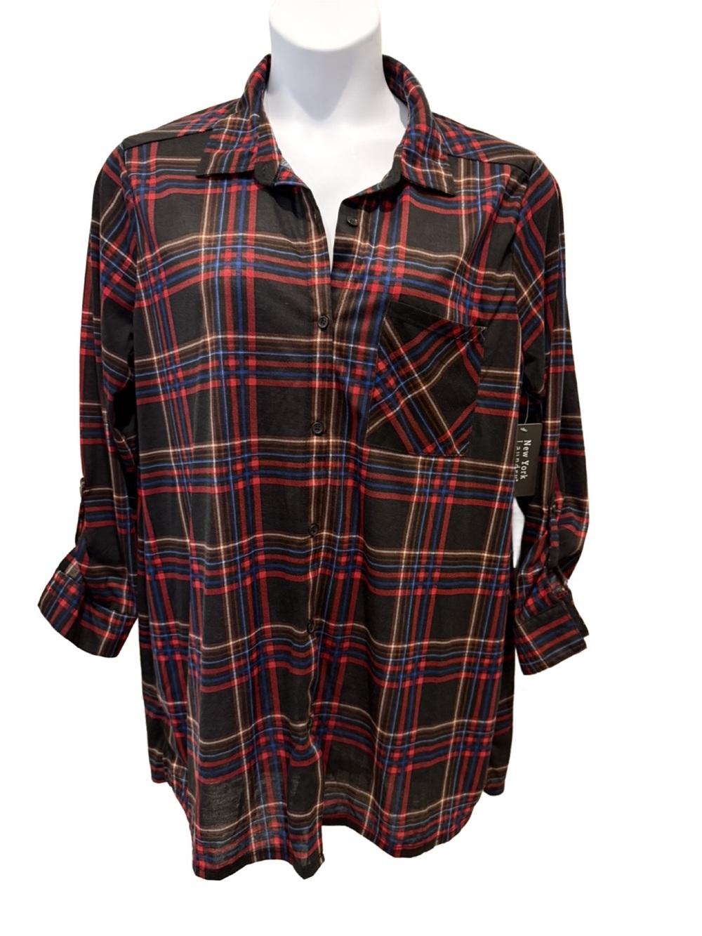 NWT Plus Size New York Laundry Black Plaid Shirt with Red and Blue. 1X